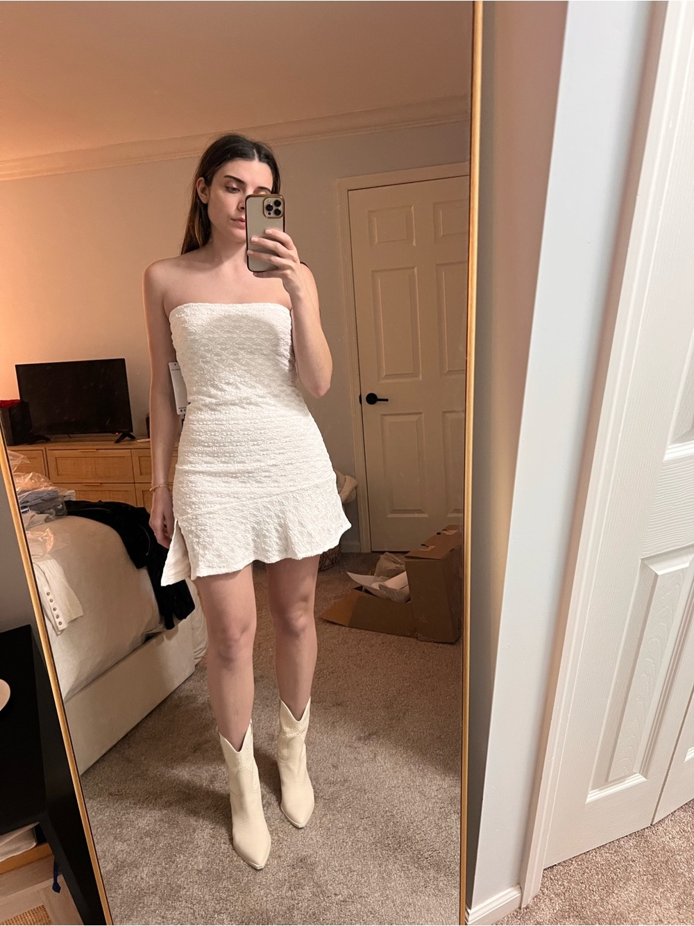 Madden Girl Strapless White Textured Ruffle-Hem Mini Dress